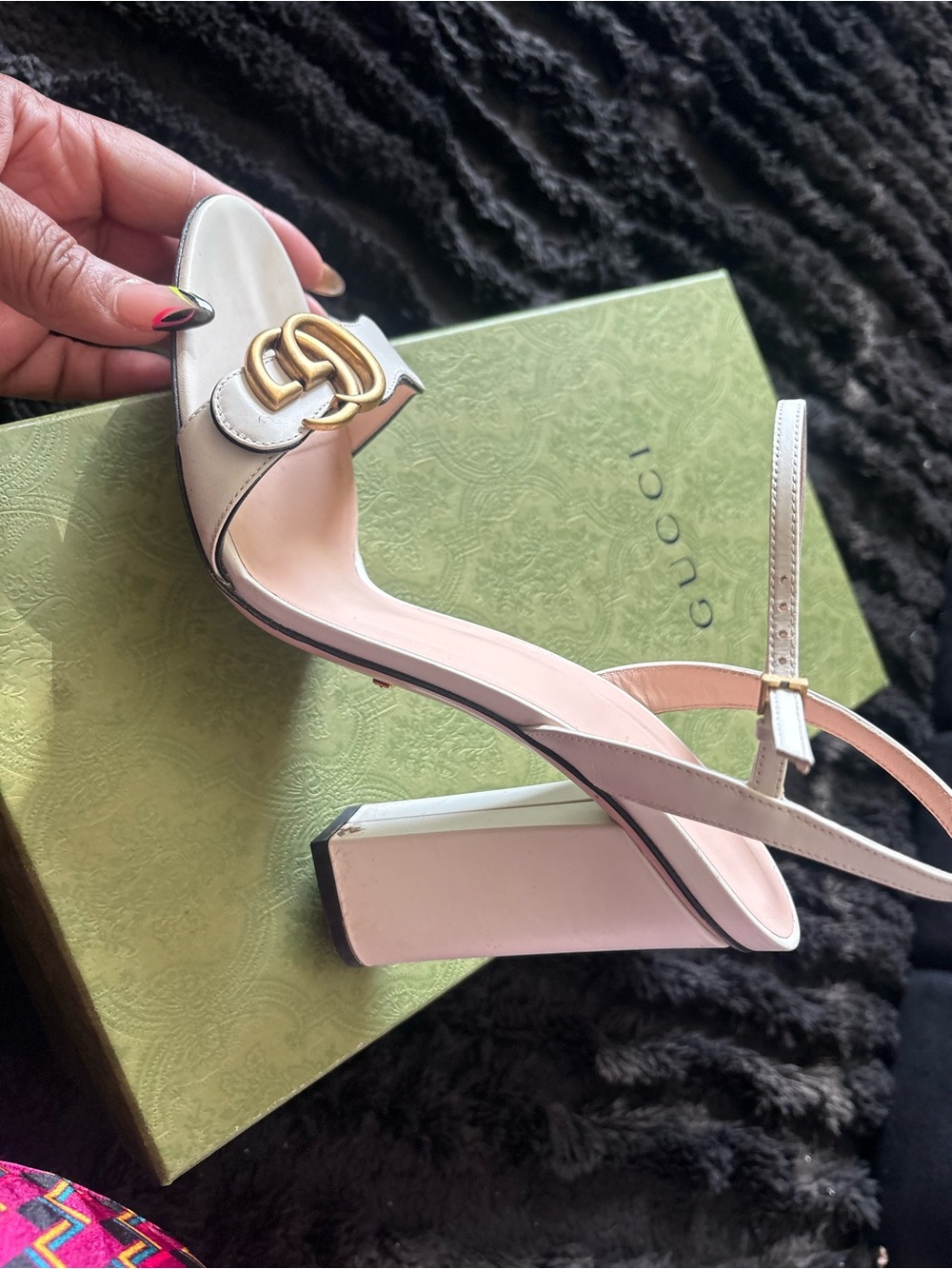 Gucci Cream Leather Open-Toe Block Heel Sandals with Gold Double GG Authentic